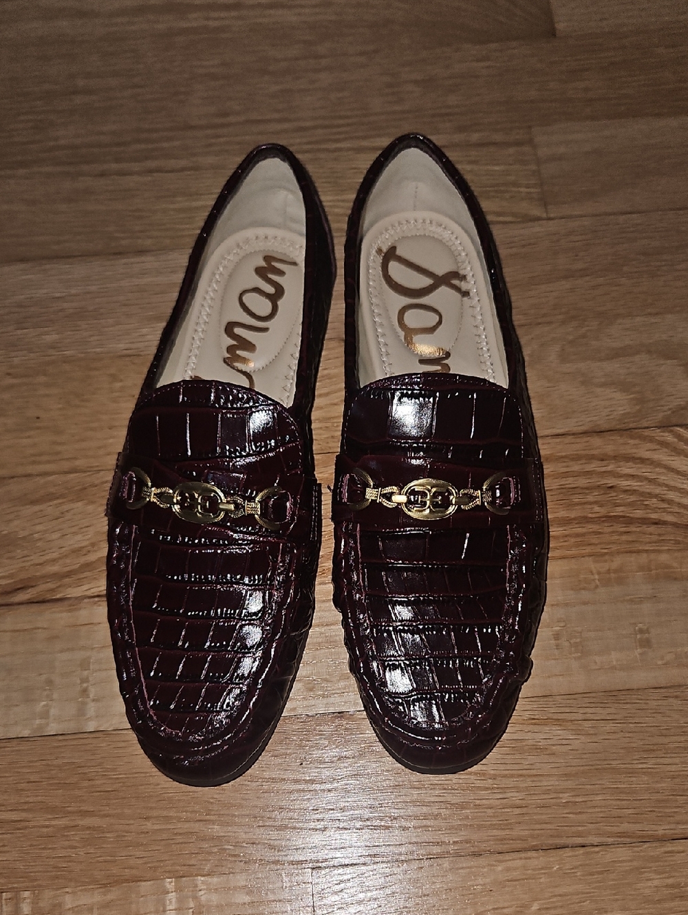 Sam Edelman Women's Burgundy Croc-Embossed Loafers with Gold Hardware